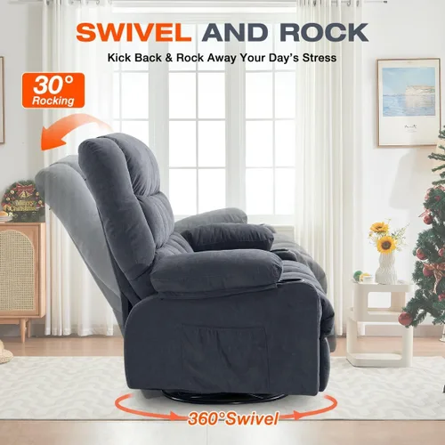 Miniatura 5 de Silla reclinable giratoria para adultos, reclinable mecedora con masaje por vibración y calor lumbar, mecedora ergonómica con bolsillo lateral, 2