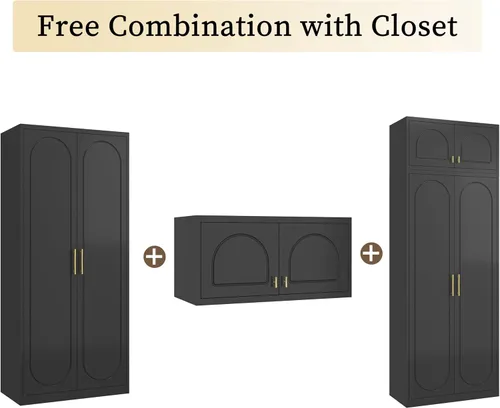 Miniatura 4 de Gabinete de Pared de Metal de 81 cm con 2 Puertas, Gabinetes Colgantes Negros con Manija, Gabinetes de Vestir de Metal, Armario Vestidor Clóset