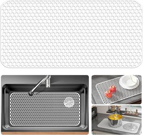 Miniatura 22 de Bestjing Tapete de silicona para fregadero - Protectores para fregadero de cocina con drenaje central, accesorio de rejilla de cocina de 26" x 14