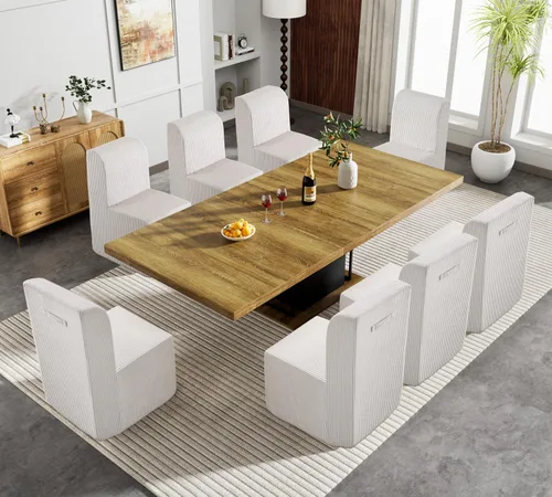 Miniatura 18 de Juego de mesa de comedor extensible marrón de 9 piezas para 8, 63 a 78.74 pulgadas, juego de mesa de cocina y comedor, mesa de comedor extensible