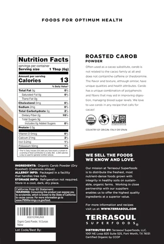 Terrasoul Superfoods Polvo de algarrobo orgánico, 2 libras (paquete de 2) - Alternativa al cacao en polvo | Alto en fibra