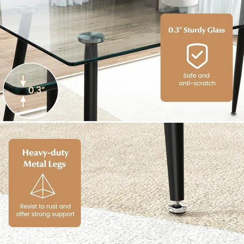 Miniatura 4 de Moccha - Mesa de comedor de cristal de 51 pulgadas, mesa rectangular moderna con amplia mesa de vidrio templado y patas de metal negro, almohadillas