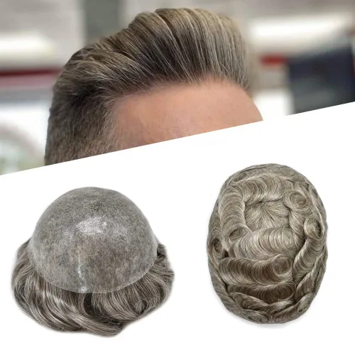 Miniatura 26 de Toupee - Sistema de reemplazo de cabello humano para hombre, 0.004 in, inyectado, piel de polietileno, piezas de pelo para hombre, 6 x 8 pulgadas