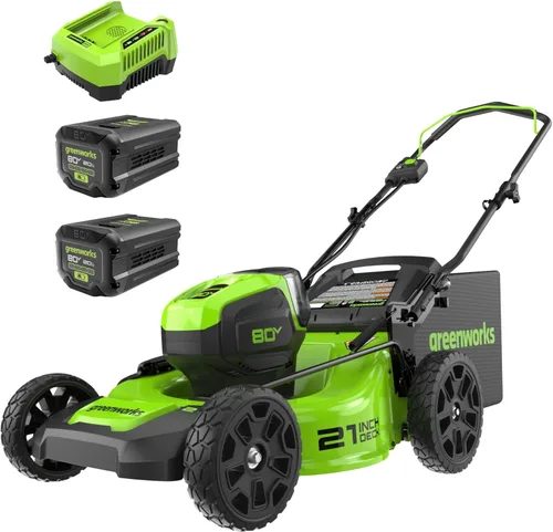 Cortacésped inalámbrico Greenworks de 80 V, 21 pulgadas sin escobillas (compatible con 75+ herramientas), incluye (2) baterías de 2.0 Ah y cargador
