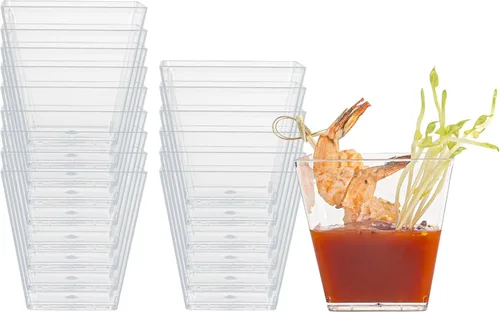 Restaurantware - Tazas Kova de 5 onzas, 100 tazas cuadradas medianas para aperitivo: duradero, desechable, taza de parfait de plástico transparente,