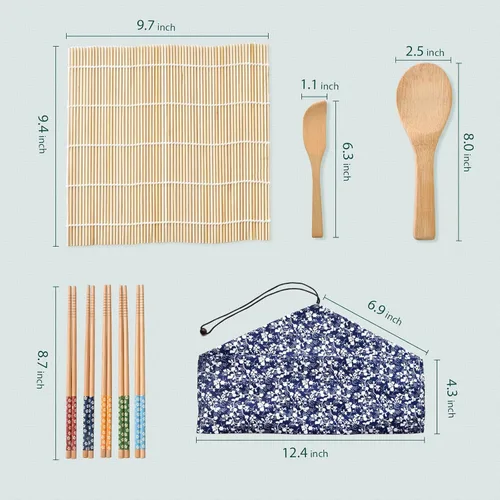 Miniatura 3 de Kit de fabricación de sushi Soeos, kit de fabricación de sushi para principiantes con 2 alfombrillas enrollables, 5 pares de palillos, 1 paleta, 1