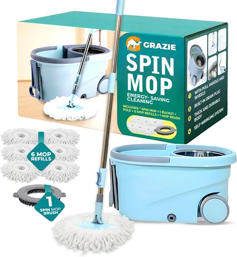 Miniatura 9 de Grazie Juego de trapeador giratorio y cubeta – Sistema de autoescurriente de 360°, mango de acero inoxidable – Limpieza de suelos manos libres