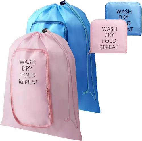 2 piezas de bolsa de lavandería para viaje, bolsa lavable para ropa sucia con cordón y cremallera para maleta, 22 x 18 pulgadas (rosa, azul, clásico)