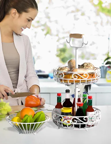 Miniatura 7 de Plato de 2 niveles y frutero – Almacenamiento de frutas y verduras con colgador de árbol de plátano y mango de madera, cesta de frutas para encimera