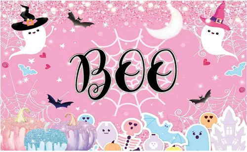 Funnytree Telón de fondo de Halloween pastel rosa fantasma para niñas, fondo de fiesta de cumpleaños, tema de abucheo, pancarta de Halloween, lindo