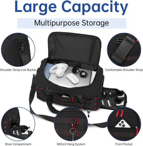 Miniatura 3 de Bolsa táctica de gimnasio para hombres, 35L de viaje, bolsa de lona deportiva con compartimento para zapatos, bolsa de entrenamiento impermeable