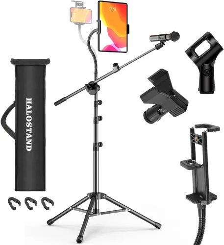 Miniatura 11 de Soporte de micrófono plegable para el suelo, trípode resistente, brazo con 2 tornillos, 2 clips de micrófono, 2 fundas de espuma y bolsa
