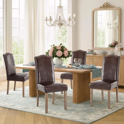 Miniatura 16 de Silla de comedor tapizada moderna y elegante Parsons con respaldo alto con ribete plateado de cabeza de clavo y patas de madera, juego de 2, tela