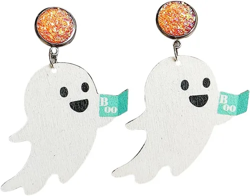 Aretes colgantes de madera de payaso de calabaza fantasma de Halloween, aretes de madera de fantasma de dibujos animados para mujeres y niñas,