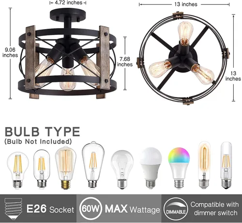 Miniatura 3 de Bargeni Lámpara de techo de montaje empotrado, lámpara de techo rústica de 13 pulgadas, acabado negro mate, lámparas de granja de 3 luces para sala
