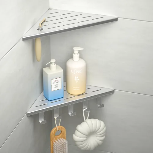 Miniatura 8 de Estante esquinero de ducha de 10 pulgadas, estantes de acero inoxidable 304 para baño, estante de lechada con ganchos para pared de azulejos