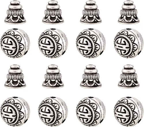Miniatura 13 de Juego de 10 cuentas de plata tibetana de gurú de 3 agujeros, cuentas perforadas en T, cuentas de gurú budista, cuentas sueltas de metal, cuentas