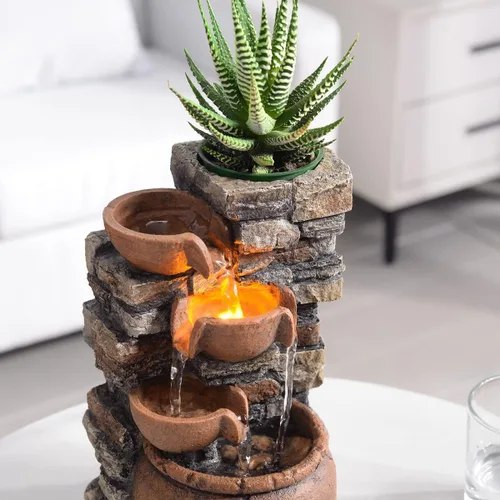 Miniatura 2 de Fuente interior de 4 tazones Rockery con sonido calmante para decoración del hogar y la oficina con una pequeña maceta de plástico para cultivar