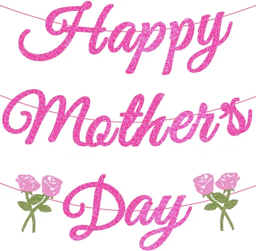 Suministros de decoración de fiesta para el día de la madre con purpurina rosa con letrero de flores para el día de la madre, fiesta en casa,