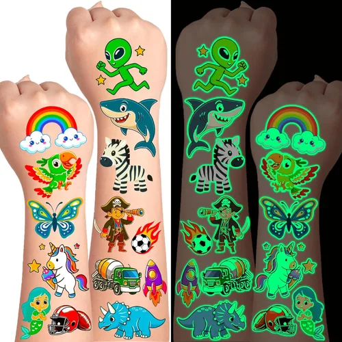 Tatuajes temporales que brillan en la oscuridad para niños, 350 estilos mixtos, bolsas de regalo para niños, suministros de fiesta que brillan en la