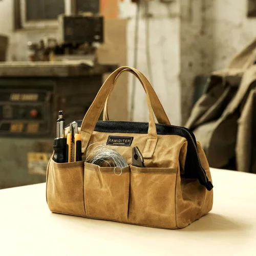 Miniatura 6 de Bolsa Portaherramientas, Bolsa de Herramientas de Lona Encerada Resistente de 13 Pulgadas de Boca Ancha, Bolsa de Herramientas de Parte Superior