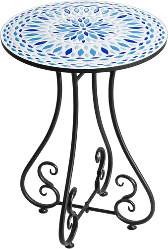 Miniatura 9 de Mesa auxiliar lateral redonda de 14 pulgadas para exteriores, mesa auxiliar de acento con trabajo de metal en espiral con superficie de azulejos