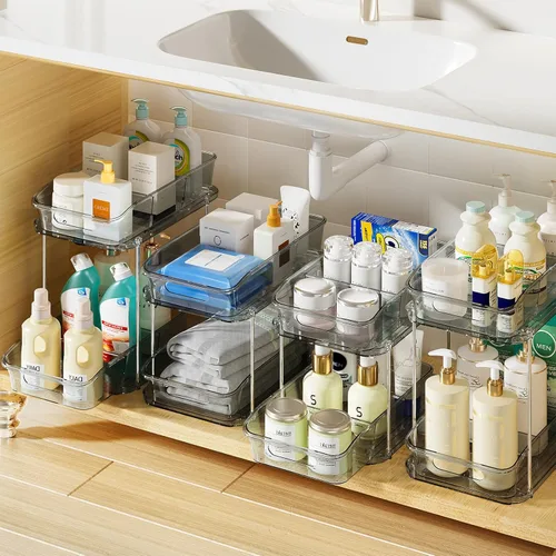 Miniatura 18 de Delamu Organizadores y almacenamiento de 2 niveles para debajo del fregadero, organizadores de gabinete de baño apilables multiusos, organización