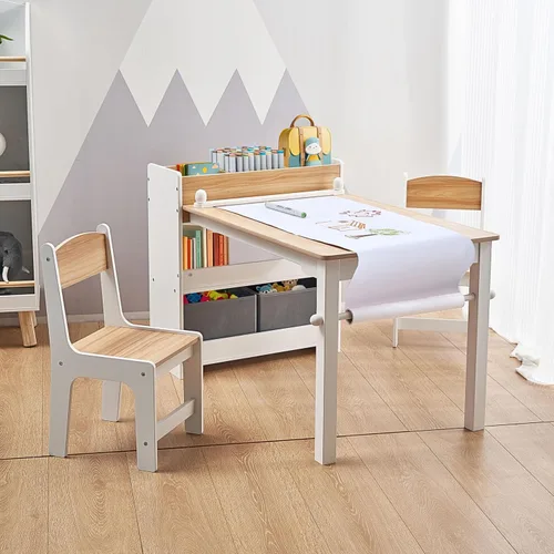LuxenHome - Juego de mesa y sillas para niños con soporte para rollos de papel, mesa de actividades de madera para niños pequeños con sillas con