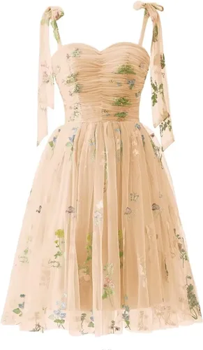 Miniatura 18 de Fivsole Vestido corto con bordado de flores para adolescentes, vestido de tul con tirantes delgados, mini formal, cóctel, fiesta de noche, vestidos