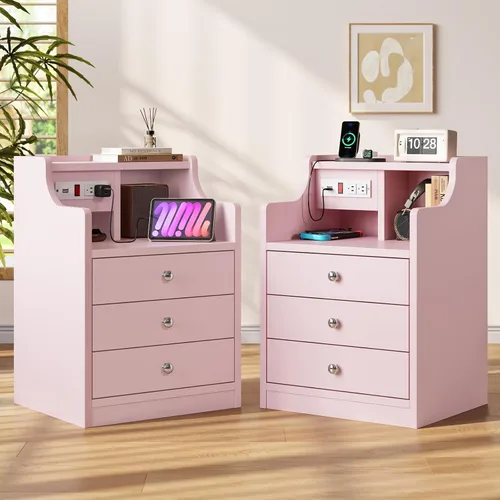 Miniatura 9 de ADORNEVE - Mesita de noche con estación de carga, mesita negra para dormitorio, mesa auxiliar con aparador y cajones de almacenamiento