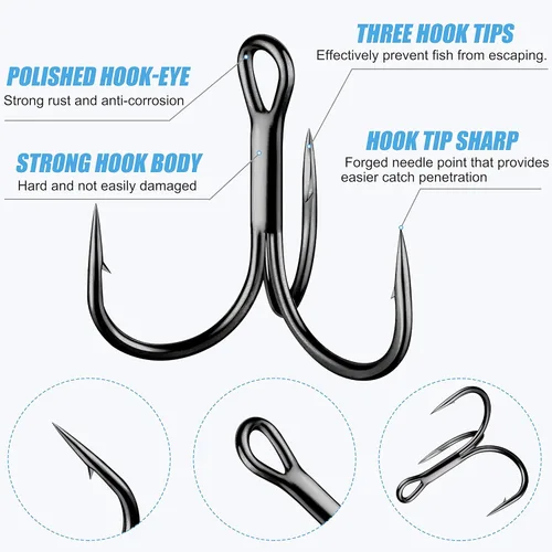 Miniatura 2 de Treble Fishing Hooks, 110pcs Super Sharp Triple Fish Hook Classic Round Bend High Carbon Steel Treble Hooks Barbed for Catfish Bass Trout Freshwater