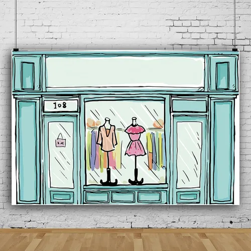 Miniatura 4 de Telón de fondo de tienda de ropa de dibujos animados de 5 x 3 pies, tema verde, centro comercial, mercancía, ventana, zapatos, joyería, fotografía