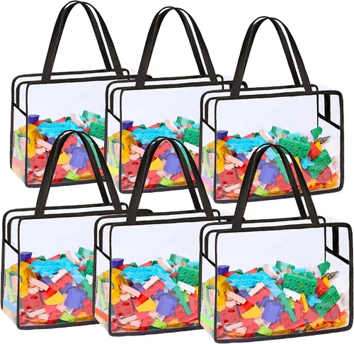Paquete de 6 bolsas grandes de almacenamiento de juguetes, organizador transparente reutilizable con cremallera para bloques de construcción de