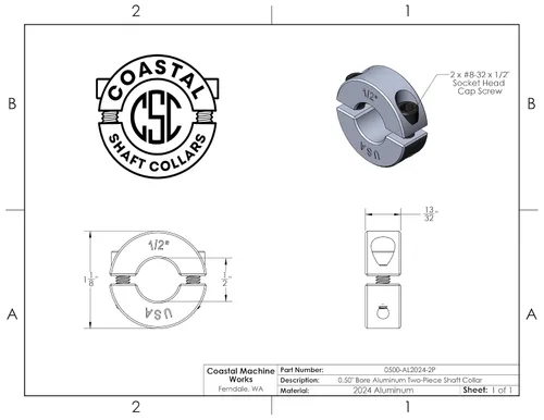 Miniatura 4 de Diámetro de orificio de 0.50 pulgadas - Abrazadera del collar de eje de dos piezas - Aluminio 2024 (paquete de 4)
