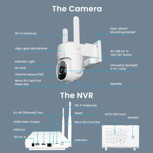 Miniatura 9 de xmartO Sistema de cámara de seguridad PTZ AI sin cables, kit de 4 cámaras, 4MP 2K QHD + NVR WiFi expandible 4K 10CH, almacenamiento de video local