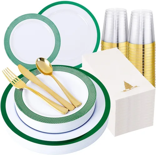 Ciaell 175 platos de plástico de Navidad, los juegos de platos de plástico blanco y verde incluyen 25 platos de cena, 25 platos de postre, 25
