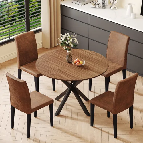 Miniatura 13 de Juego de mesa de comedor redonda para 4, juego de mesa de comedor extensible de 43-59 pulgadas, mesa de grano de madera de nogal y 4 sillas
