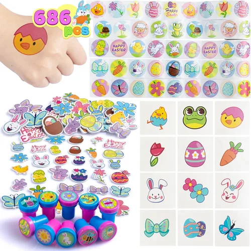 JOYIN 686 piezas de kits de manualidades de Pascua con calcomanías surtidas, calcomanías de espuma, sellos y tatuajes temporales para recuerdos de