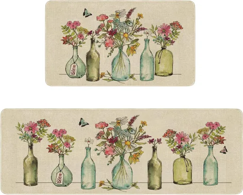 Juego de 2 tapetes y tapetes de cocina con diseño floral de primavera, diseño floral de acuarela para piso, decoración de fregadero de cocina de
