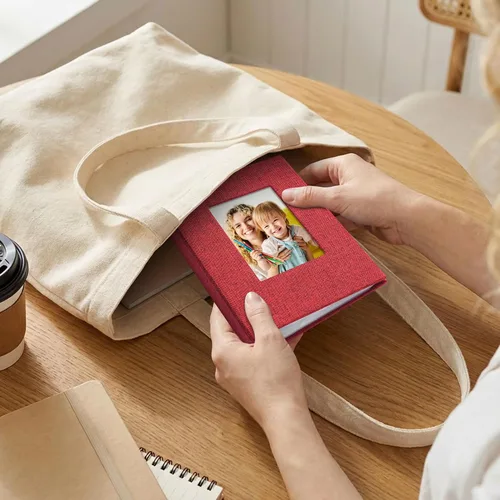 Miniatura 6 de Vienrose Álbum de fotos pequeño de 4 x 6 pulgadas, paquete de 2 mini libros de fotos con cubierta de lino, 26 páginas con capacidad para 52 Rojo