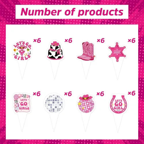 Miniatura 2 de Decoración para tartas de cumpleaños de vaquera disco – NOVBAUB 48 piezas de decoración de fiesta de cumpleaños de vaquera rosa intenso, suministros