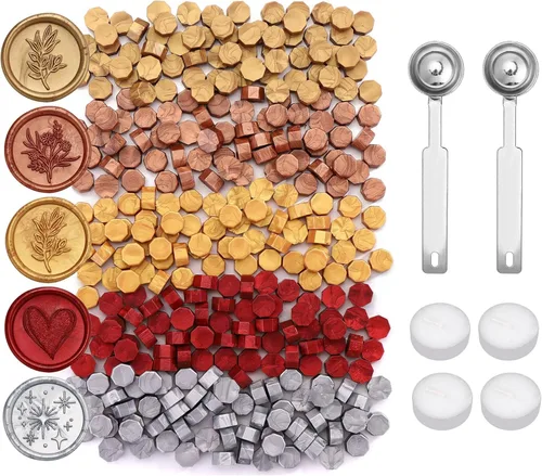 Miniatura 18 de Yoption 300 cuentas de cera octágono con 4 velas y 2 cucharas de fusión para sello de cera (dorado)