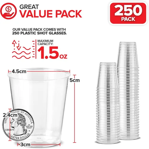 Miniatura 2 de Stock Your Home 250 mini vasos de chupito de plástico (1.5 onzas) vasos desechables transparentes para chupitos de gelatina, degustación de vinos