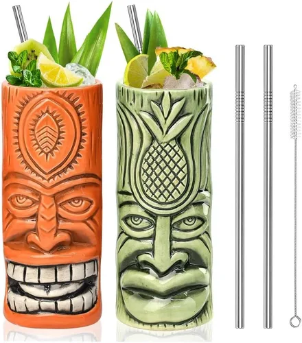 SuproBarware Tiki - Juego de 2 tazas de cóctel hawaianas grandes con pajitas y posavasos, lindos vasos de cóctel exóticos para fiesta Tiki Bar y