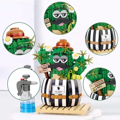 Miniatura 3 de MEIEST Juego de bloques de construcción de bonsái de cactus bulbosos, decoración creativa única para el hogar, ramo de flores artificiales