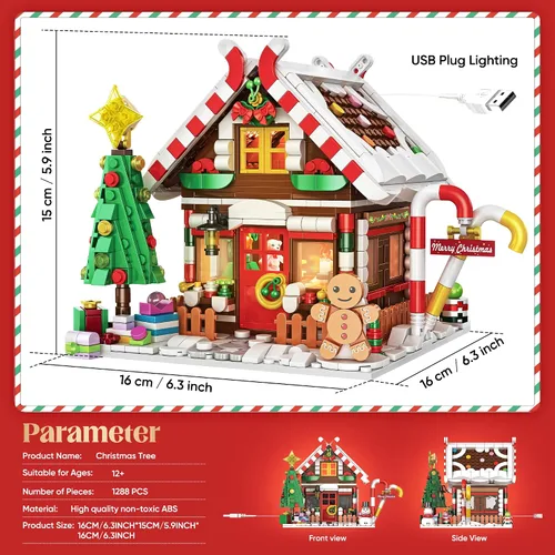 Miniatura 5 de Edificio de casa de pan de jengibre de Navidad, juego de construcción de casa de pueblo navideño, contiene árbol de Navidad y tren, juguete