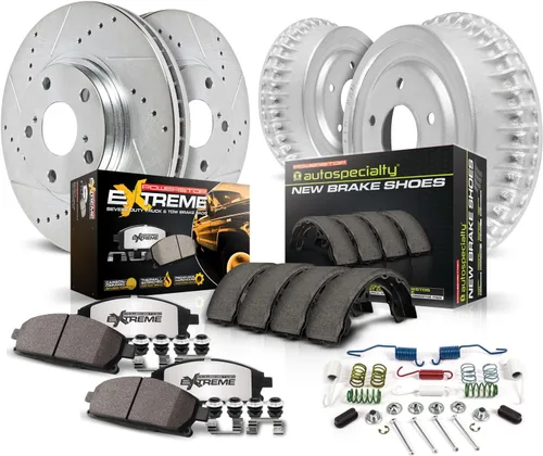 Power Stop K15025DK-36 Kit de freno delantero y trasero Z36 para camión y remolque, pastillas de freno de cerámica de fibra de carbono y tambores de