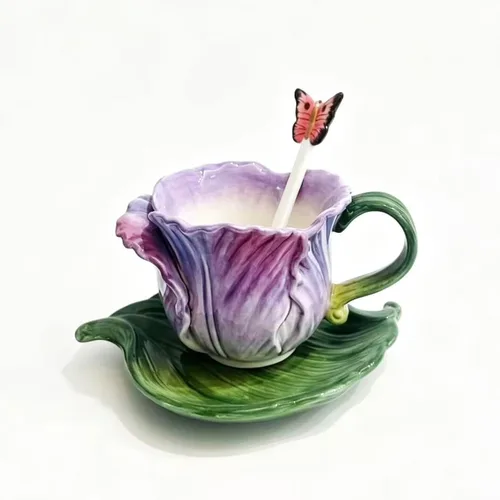 Miniatura 10 de Juego de taza de té y platillo de cerámica, taza de café de flores pintadas a mano en 3D de 6 onzas, regalo para mujeres, tulipán naranja