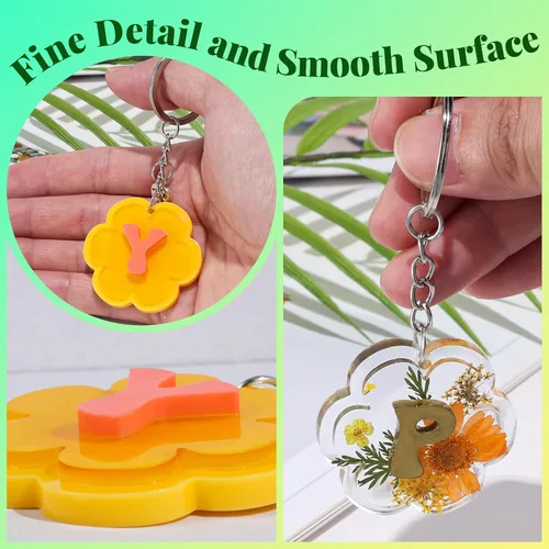 Miniatura 7 de LET'S RESIN Moldes de resina para llavero de silicona con agujero, 27 cavidades de flores, alfabeto, resina UV, kit de moldes para principiantes