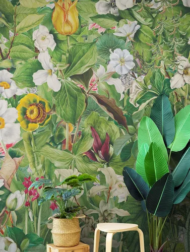 Botanical Vegetation Garden Wall Mural. Color Pencil Artwork of Flower Garden Peel and Stick Wallpaper. Rainforest Jungle Botanical Flowers and